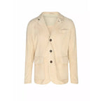 Tortora beige slim-fit leather jacket with notch lapels, three-button front, chest welt pocket, and patch pockets on white background
