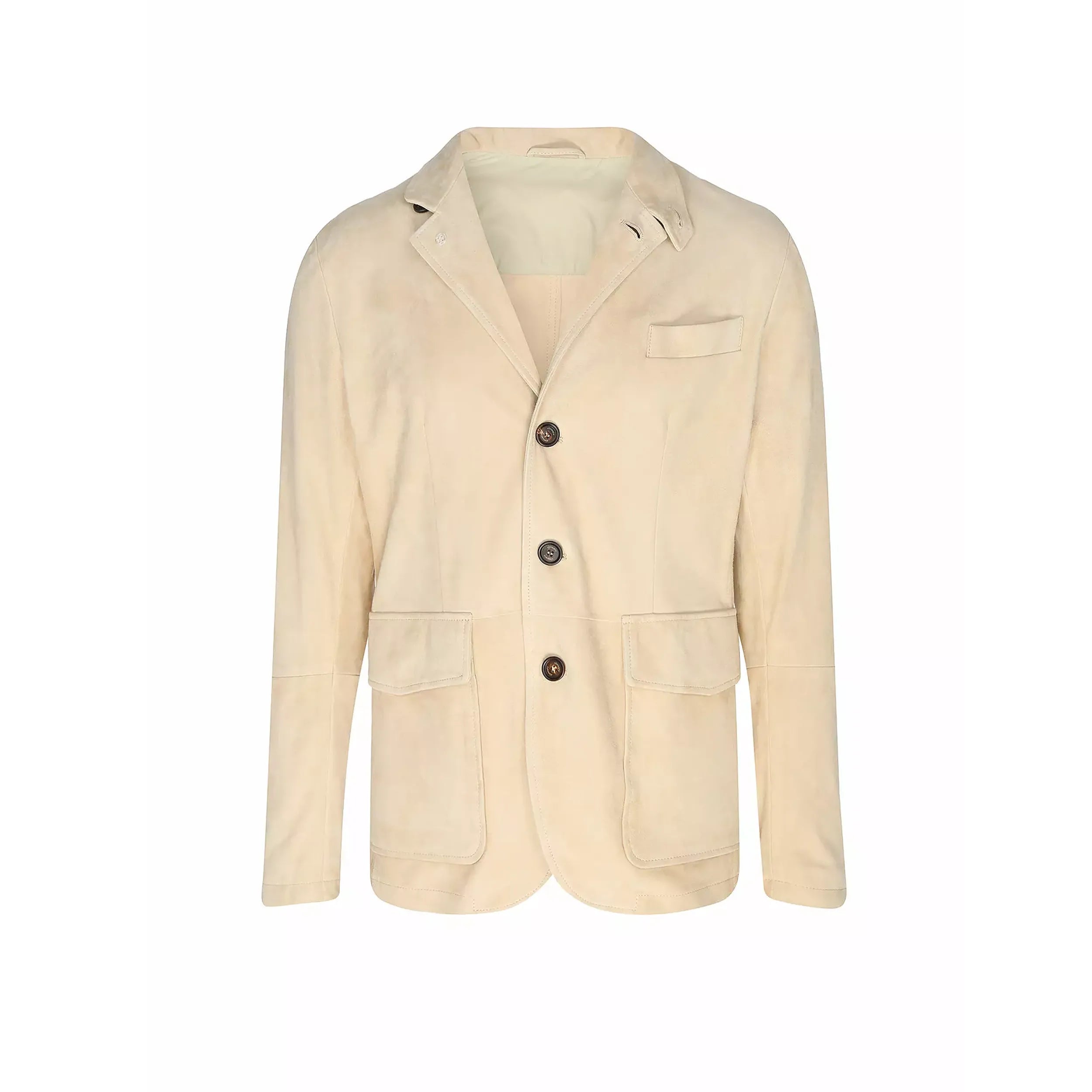 Tortora beige slim-fit leather jacket with notch lapels, three-button front, chest welt pocket, and patch pockets on white background