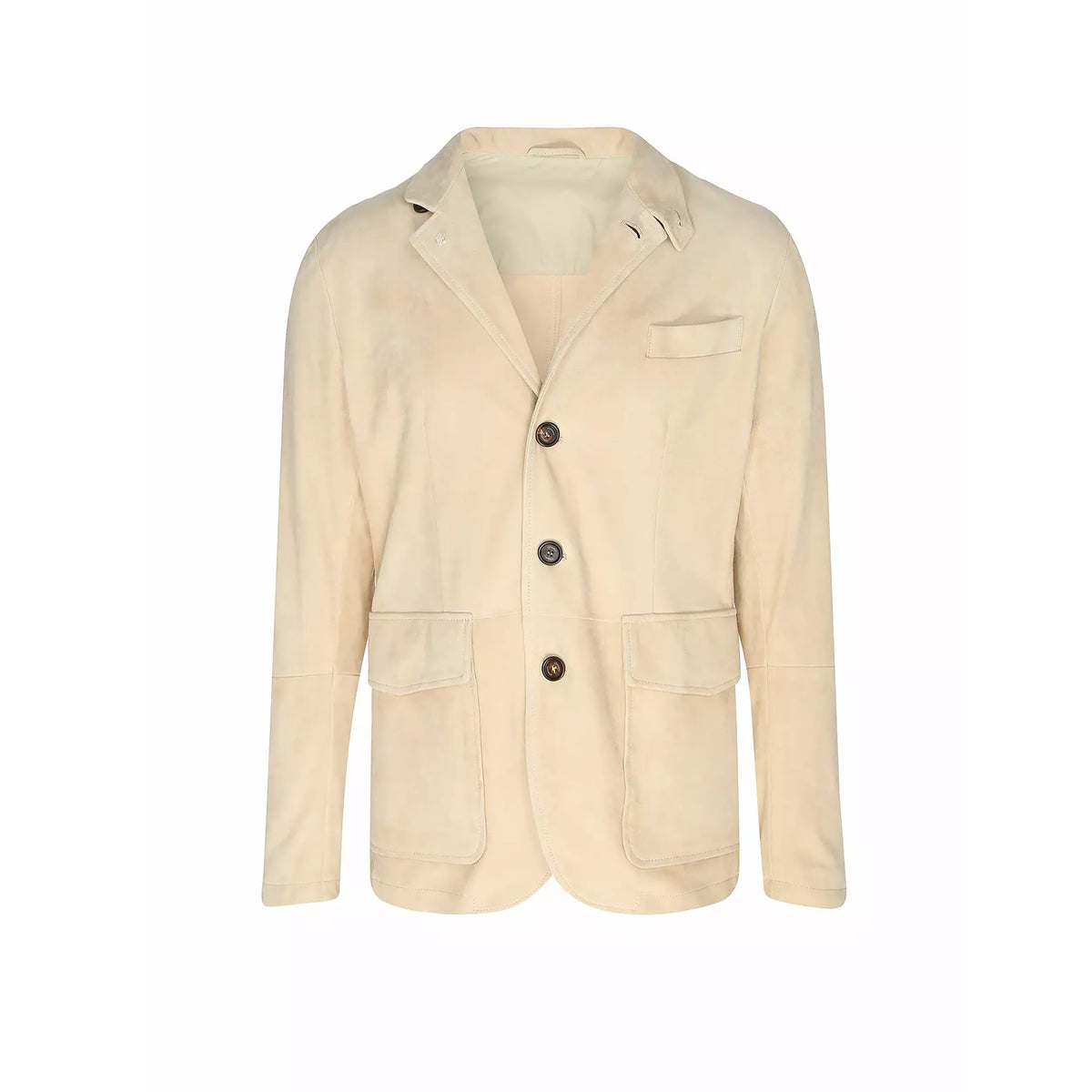 Tortora beige slim-fit leather jacket with notch lapels, three-button front, chest welt pocket, and patch pockets on white background