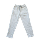 Eleventy light grey linen drawstring trousers with an elastic waistband, side pockets and tapered legs displayed on a white background.