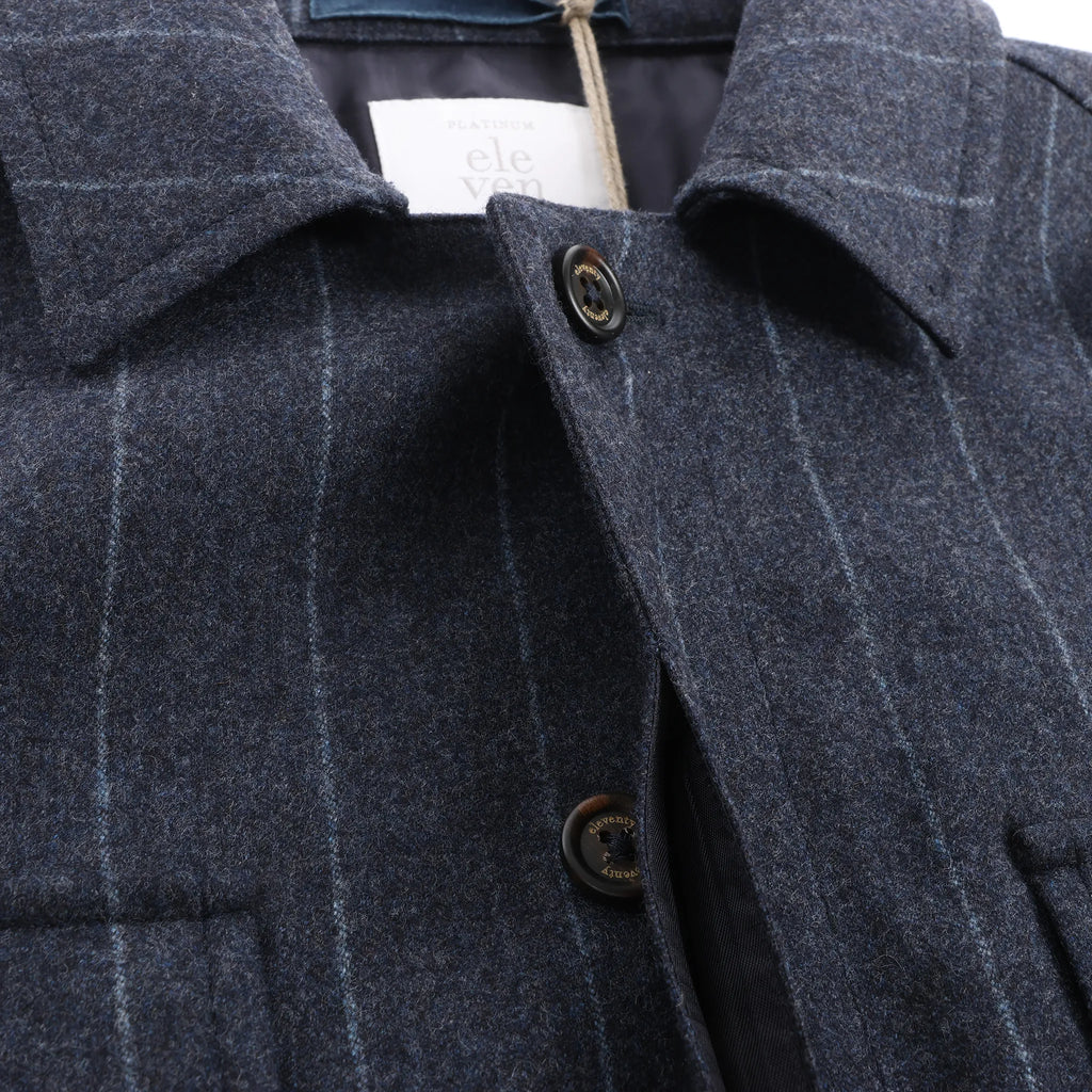Eleventy Pinstripe Pocket Wool Shirt in Navy Blue, Size 50 IT