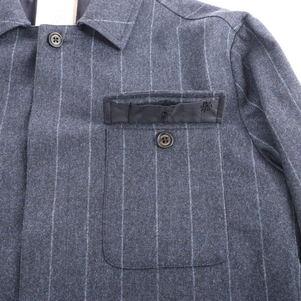 Eleventy Pinstripe Pocket Wool Shirt in Navy Blue, Size 50 IT