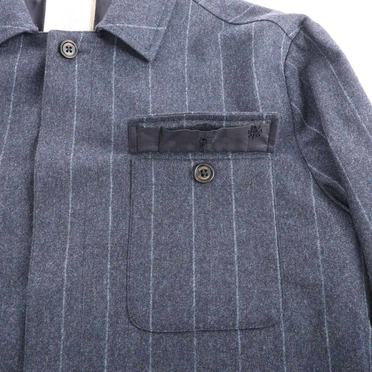Eleventy Pinstripe Pocket Wool Shirt in Navy Blue, Size 50 IT