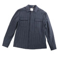 Eleventy navy pinstripe wool shirt with spread collar, long sleeves, and two flap chest pockets on a white background