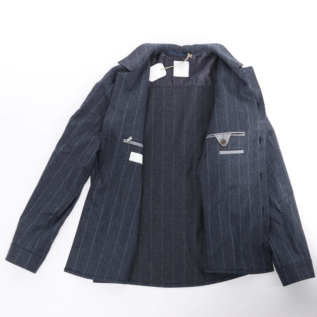 Eleventy Pinstripe Pocket Wool Shirt in Navy Blue, Size 50 IT