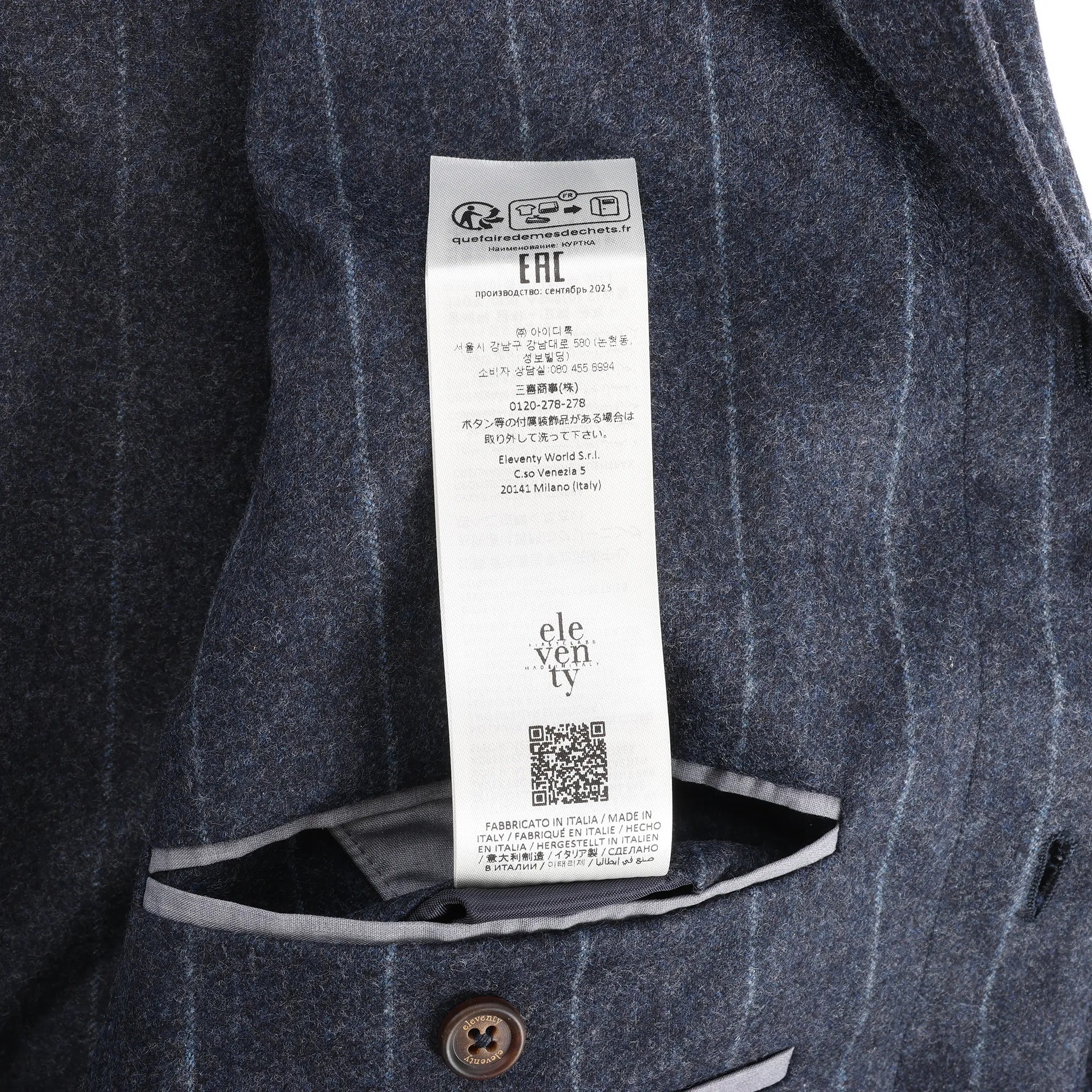 Eleventy Pinstripe Pocket Wool Shirt in Navy Blue, Size 50 IT