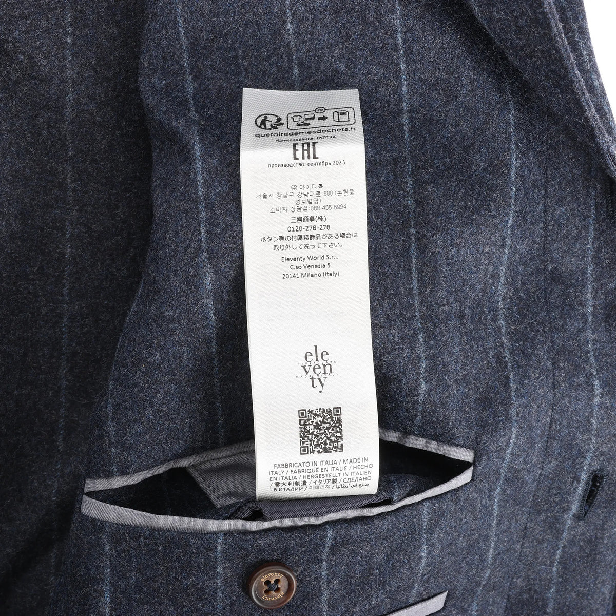 Eleventy Pinstripe Pocket Wool Shirt in Navy Blue, Size 50 IT