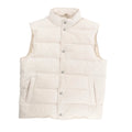 Beige quilted vest with stand collar, silver snap-button front closure, and two front slit pockets