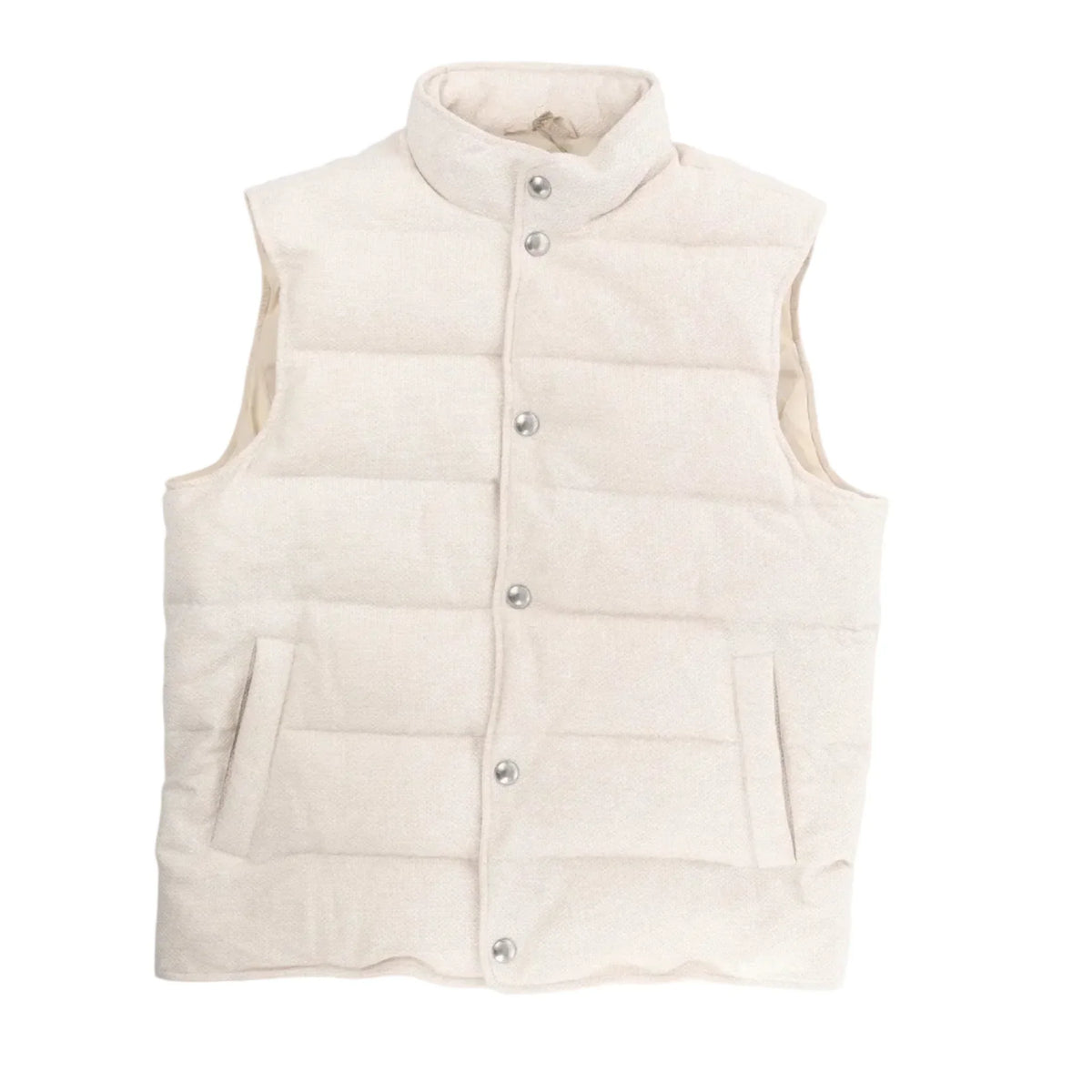 Beige quilted vest with stand collar, silver snap-button front closure, and two front slit pockets