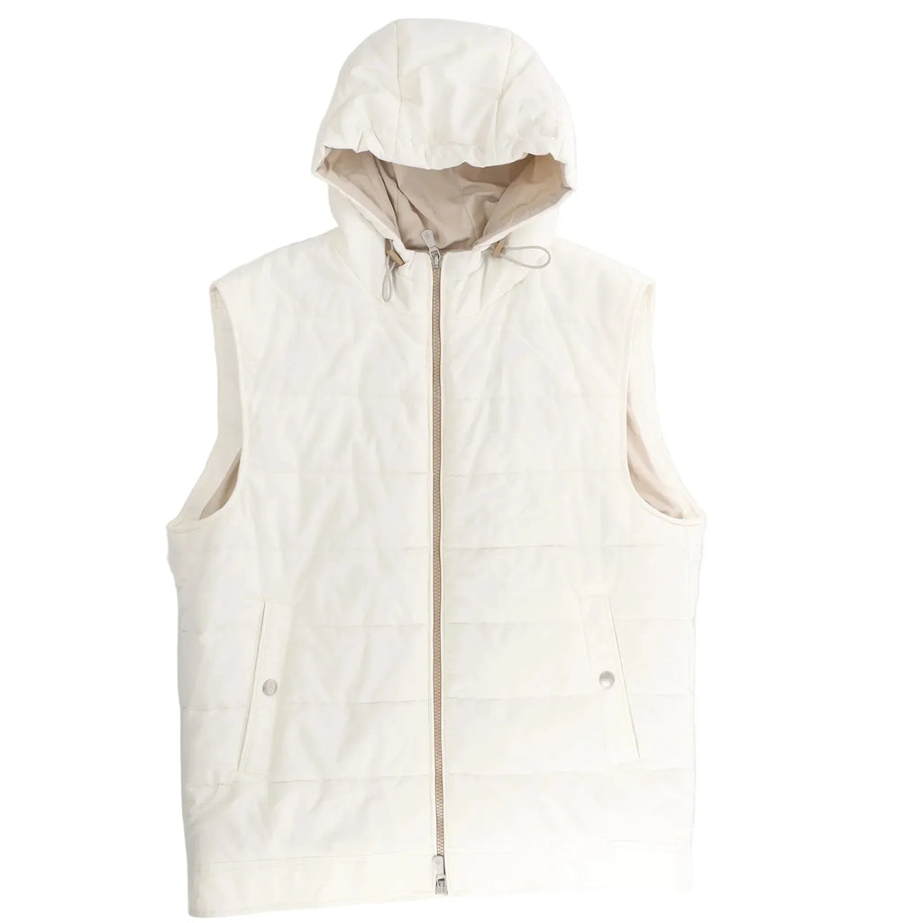 Beige hooded quilted vest with zip-front closure, drawcord hood, and snap-button flap pockets on front
