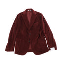 Burgundy Eleventy cotton corduroy jacket with notch lapels, two-button front, chest pocket and large patch pockets.
