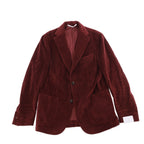 Burgundy Eleventy cotton corduroy jacket with notch lapels, two-button front, chest pocket and large patch pockets.