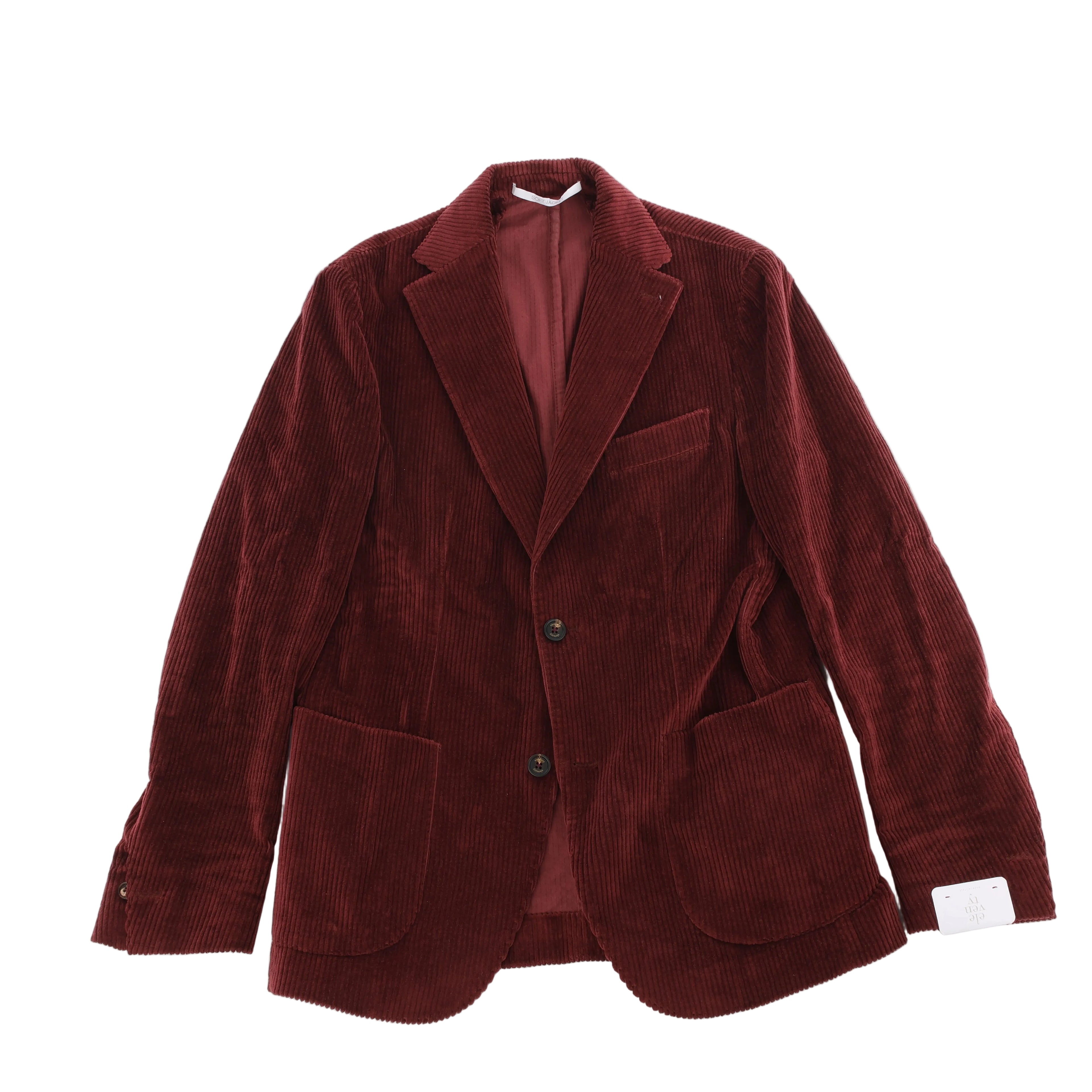 Burgundy Eleventy cotton corduroy jacket with notch lapels, two-button front, chest pocket and large patch pockets.