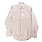 Eleventy beige long-sleeve shirt with white vertical stripes, pointed collar, front buttons, buttoned cuffs and curved hem.