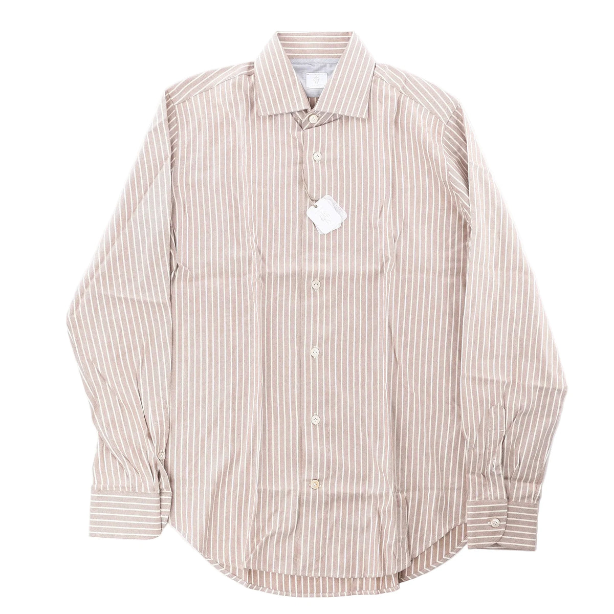 Eleventy beige long-sleeve shirt with white vertical stripes, pointed collar, front buttons, buttoned cuffs and curved hem.