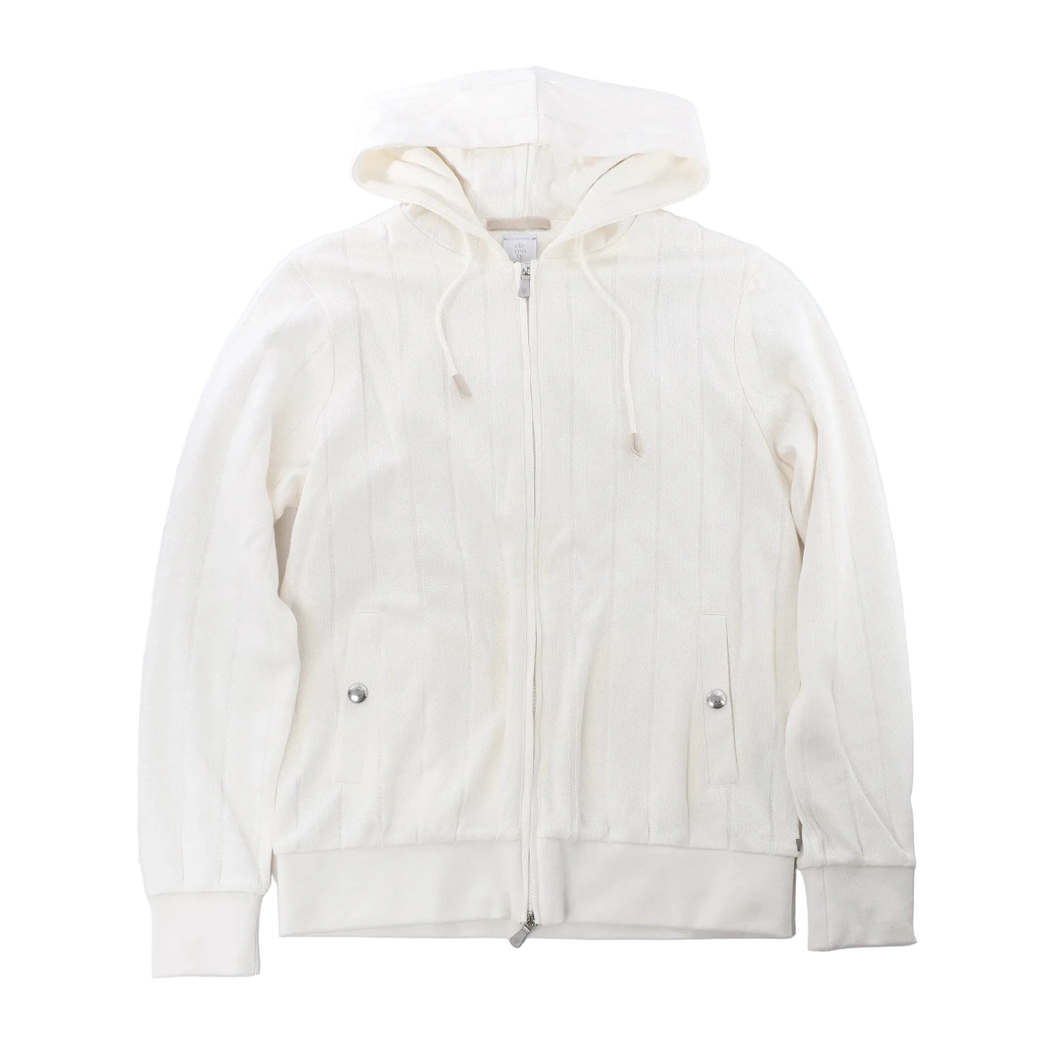 Eleventy white zip-up hooded sweatshirt with subtle vertical stripes, drawstrings, snap-fastened pockets and ribbed cuffs and hem.