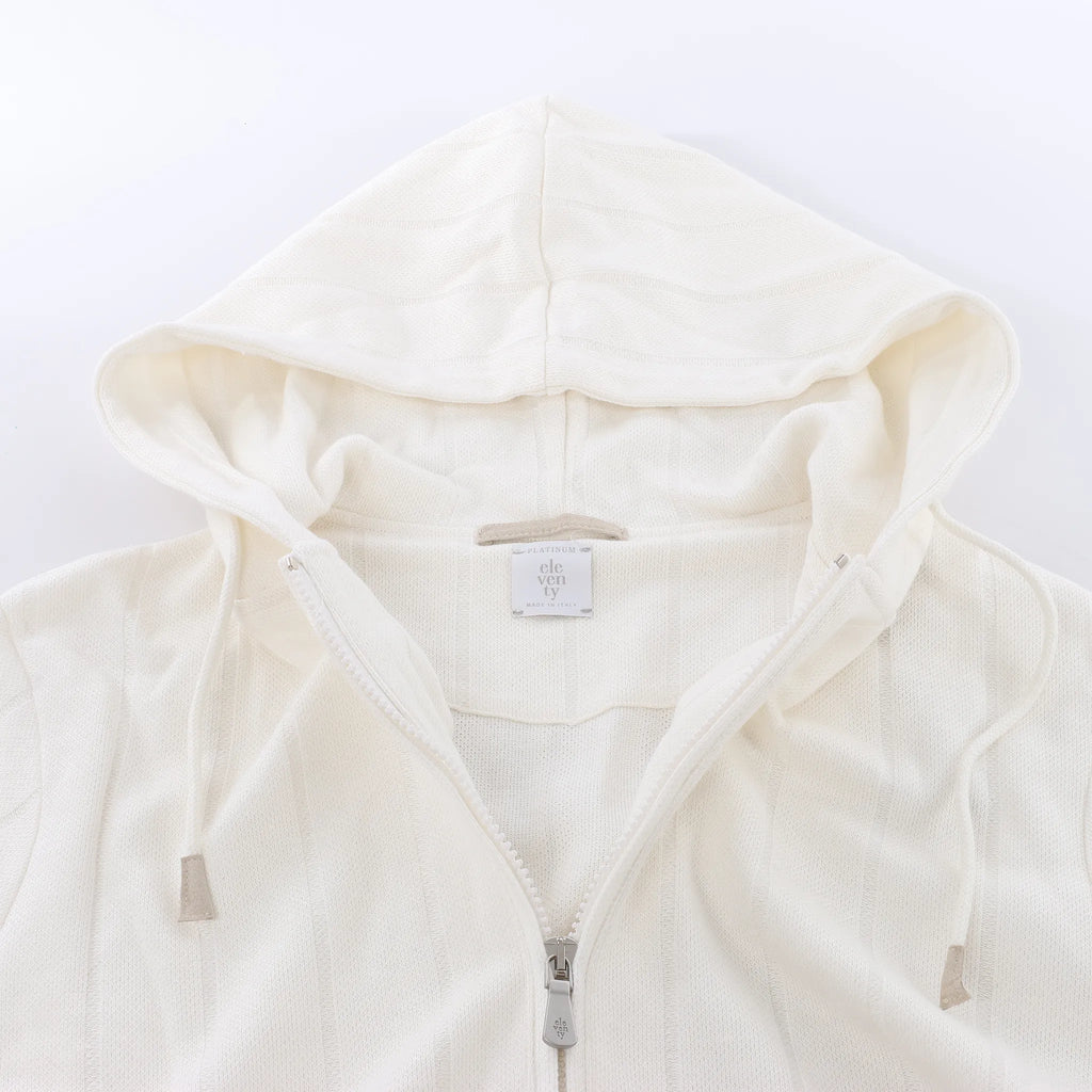 Eleventy Striped Zip-Up Sweatshirt in White, Size M