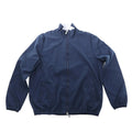 Navy blue Eleventy technical bomber jacket with zip front, hood, side pockets, and elastic cuffs and hem on a white background.