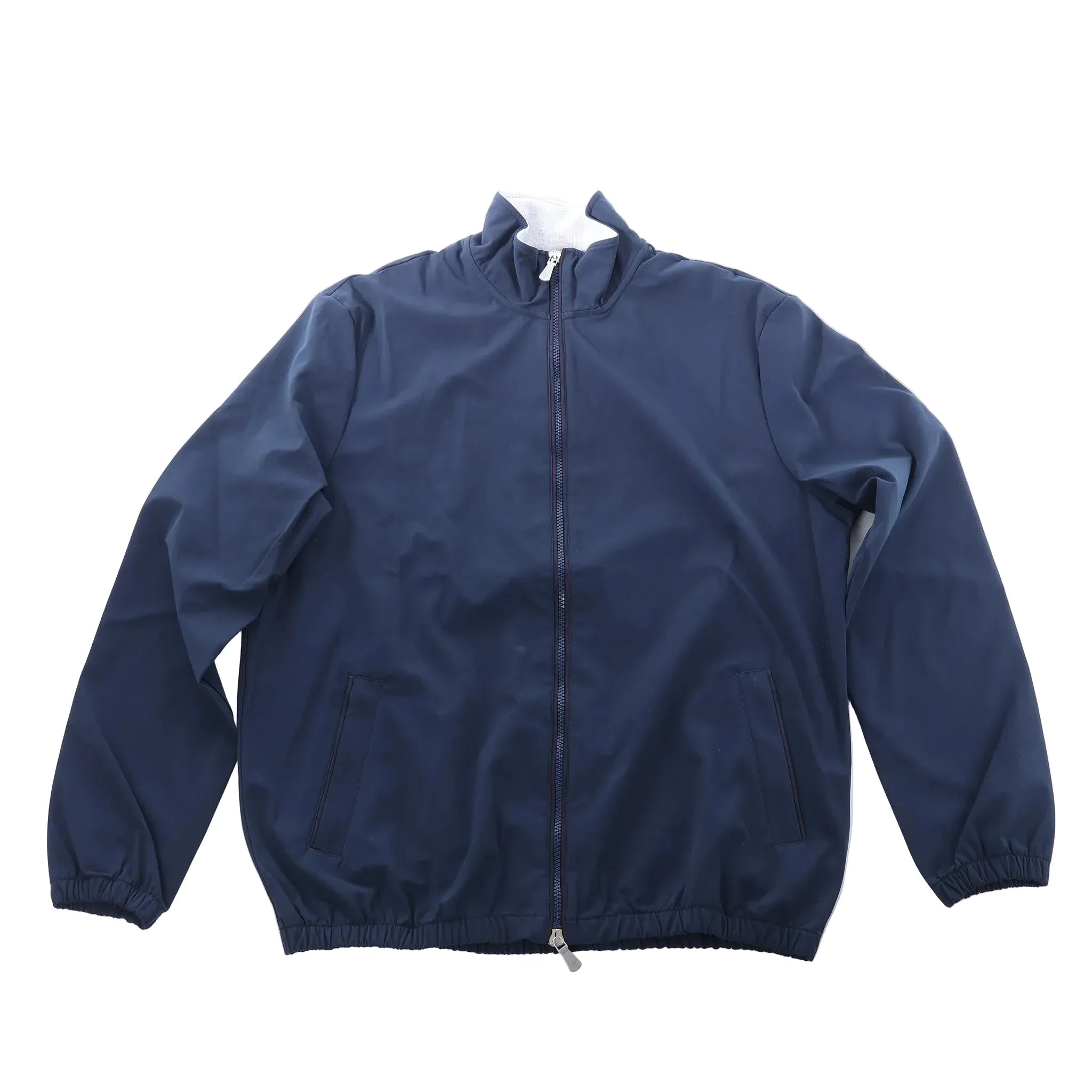 Navy blue Eleventy technical bomber jacket with zip front, hood, side pockets, and elastic cuffs and hem on a white background.