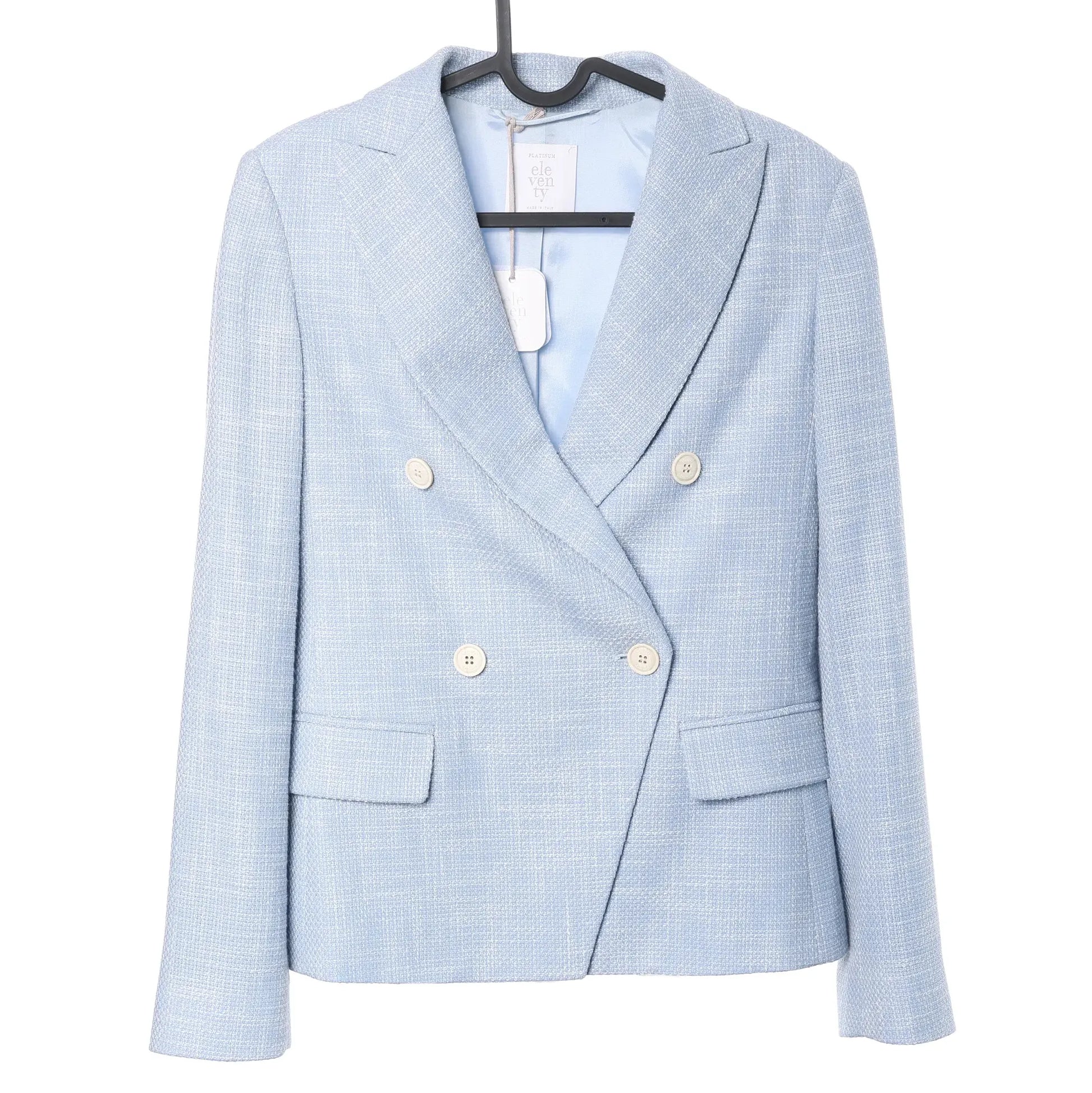 Eleventy double-breasted wool blazer in light blue featuring a textured fabric, notch lapels, four light-colored buttons, flap pockets, and light blue lining, displayed on a hanger against a white background.