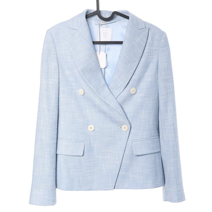 Eleventy double-breasted wool blazer in light blue featuring a textured fabric, notch lapels, four light-colored buttons, flap pockets, and light blue lining, displayed on a hanger against a white background.