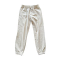 Eleventy beige wool trousers with fine vertical stripes, elasticated drawstring waistband, tapered legs and elasticated cuffs.
