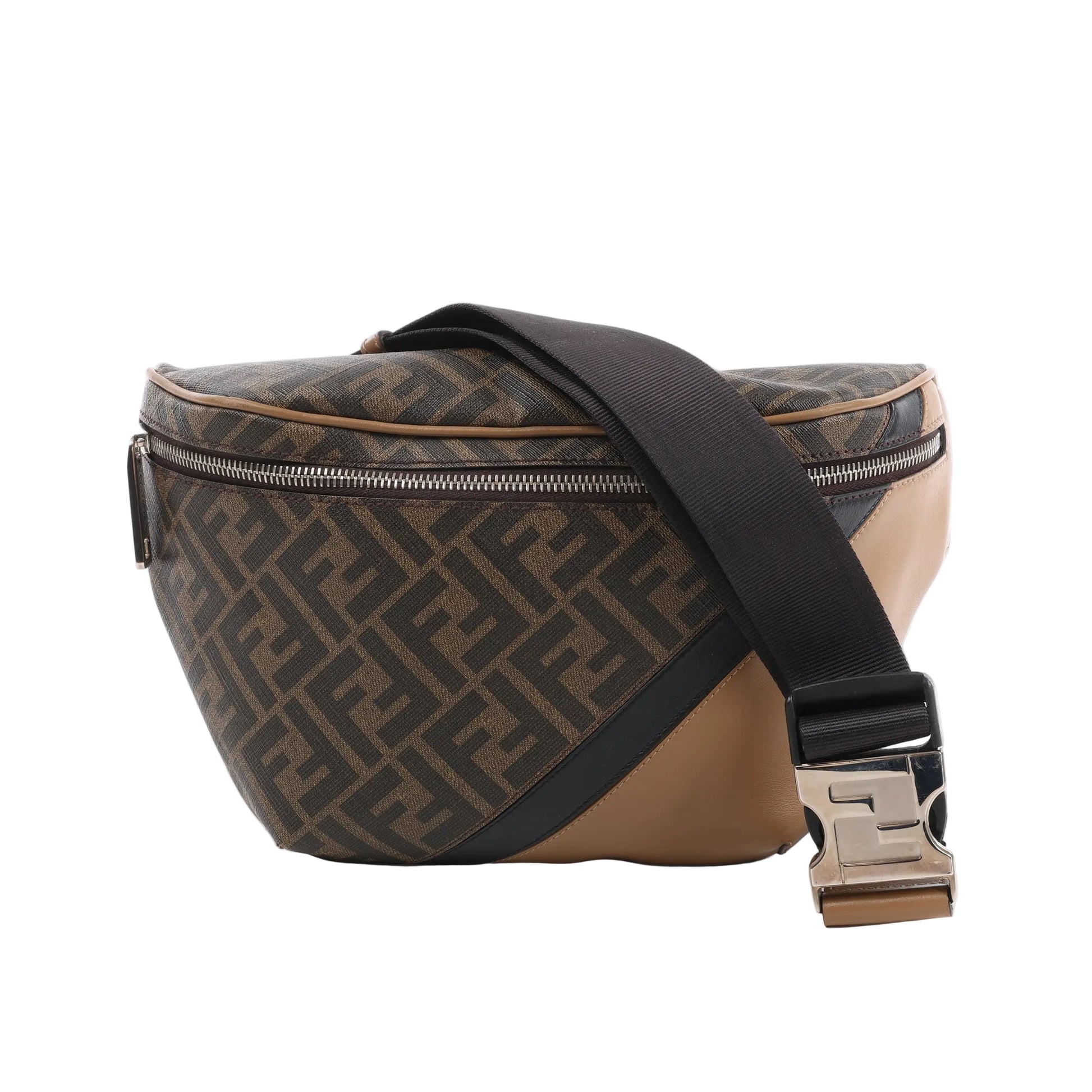 Fendi Diagonal Bi-Color Belt Bag featuring brown FF monogram canvas, sand and black leather accents, silver-tone logo buckle, and adjustable black strap, displayed against a white background.