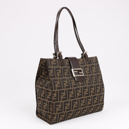 FENDI Zucchino Mamma Bucket Canvas & Leather Shoulder Bag in Brown