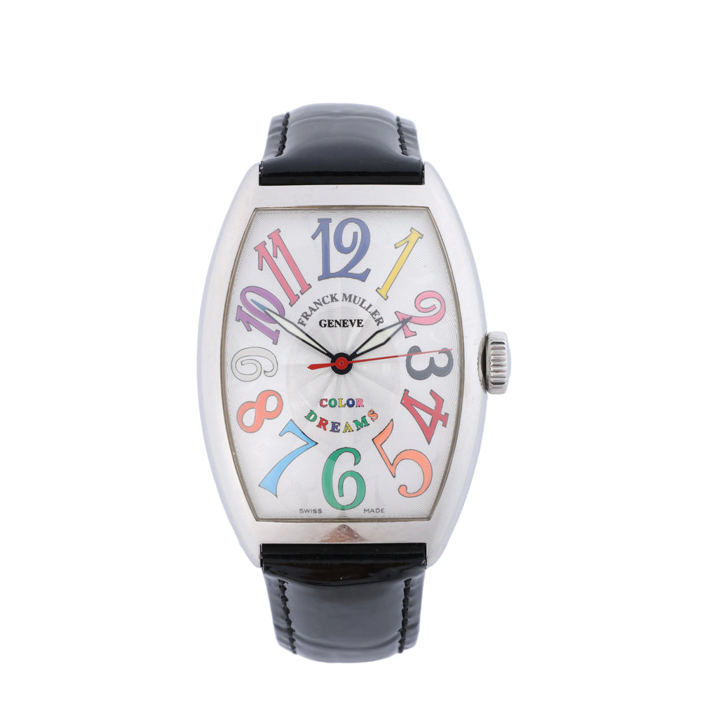 Franck Muller 5850SC stainless steel watch with a silver-tone dial, multicolour numerals and black leather strap.