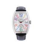 Franck Muller 5850SC stainless steel watch with a silver-tone dial, multicolour numerals and black leather strap.