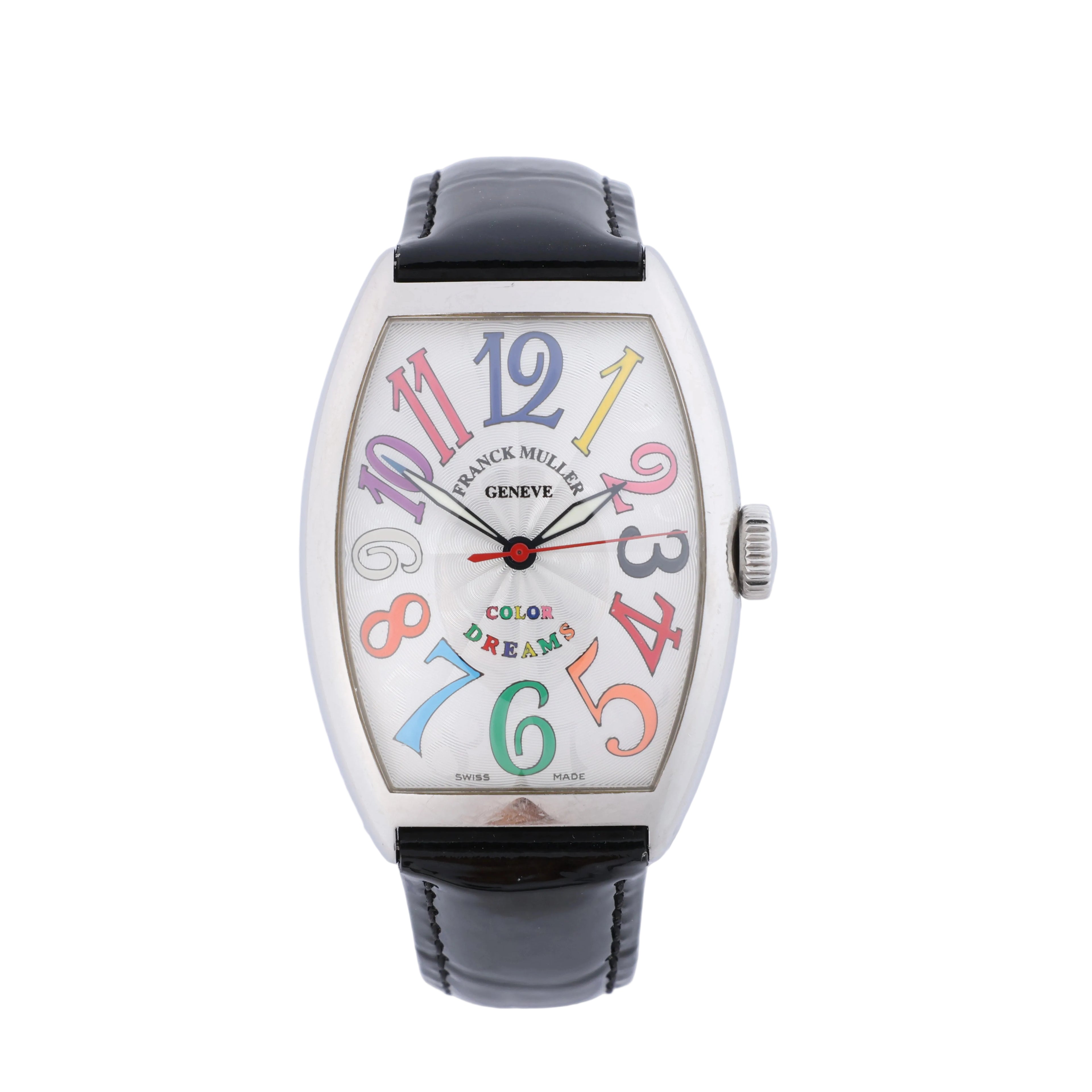 Franck Muller 5850SC stainless steel watch with a silver-tone dial, multicolour numerals and black leather strap.