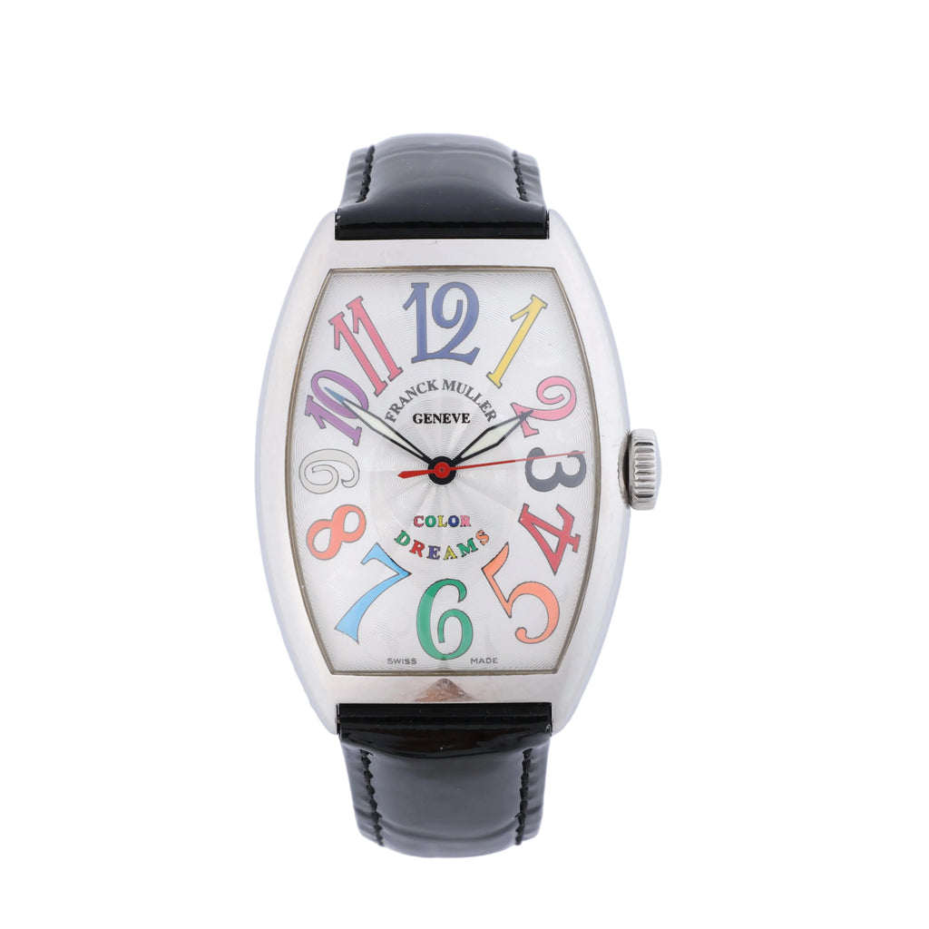 Franck Muller 5850SC stainless steel watch with a silver-tone dial, multicolour numerals and black leather strap.
