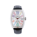 Franck Muller 5850SC stainless steel watch with a silver-tone dial, multicolour numerals and black leather strap.