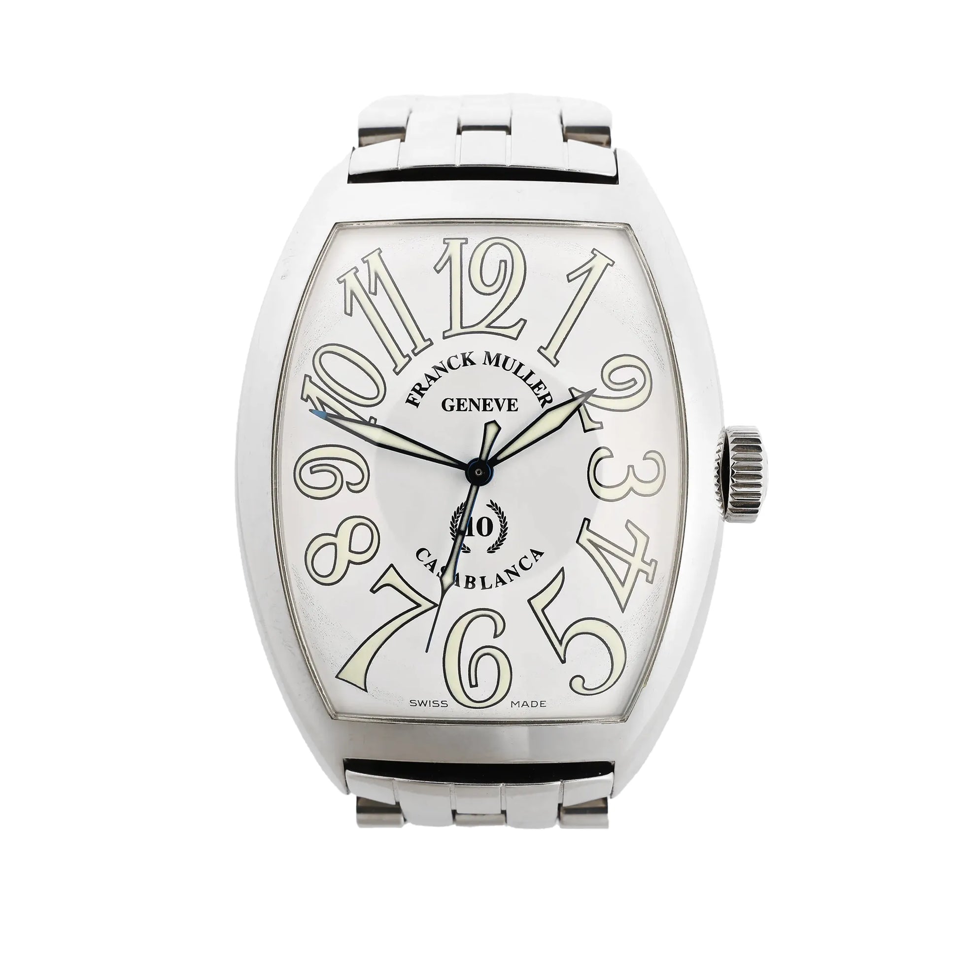 Franck Muller Casablanca 8880C watch with a white dial, oversized stylized numerals, stainless steel tonneau-shaped case, and matching metal bracelet.