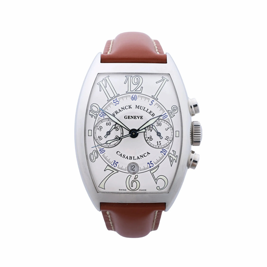 Franck Muller Casablanca chronograph watch with silver tonneau case, silver dial, two subdials, large Arabic numerals and brown leather strap.