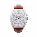 Franck Muller Casablanca chronograph watch with silver tonneau case, silver dial, two subdials, large Arabic numerals and brown leather strap.