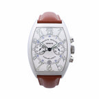 Franck Muller Casablanca chronograph watch with silver tonneau case, silver dial, two subdials, large Arabic numerals and brown leather strap.