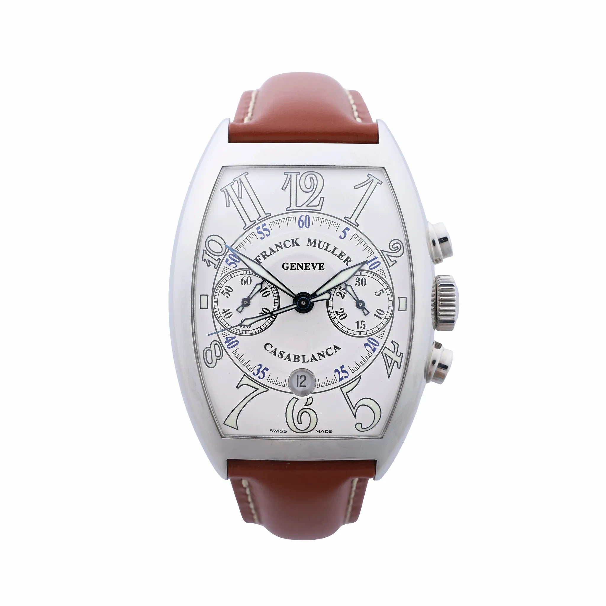 Franck Muller Casablanca chronograph watch with silver tonneau case, silver dial, two subdials, large Arabic numerals and brown leather strap.