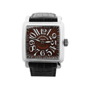 Franck Muller Conquistador watch with square stainless steel case, brown patterned dial, oversized white Arabic numerals, and black leather strap.