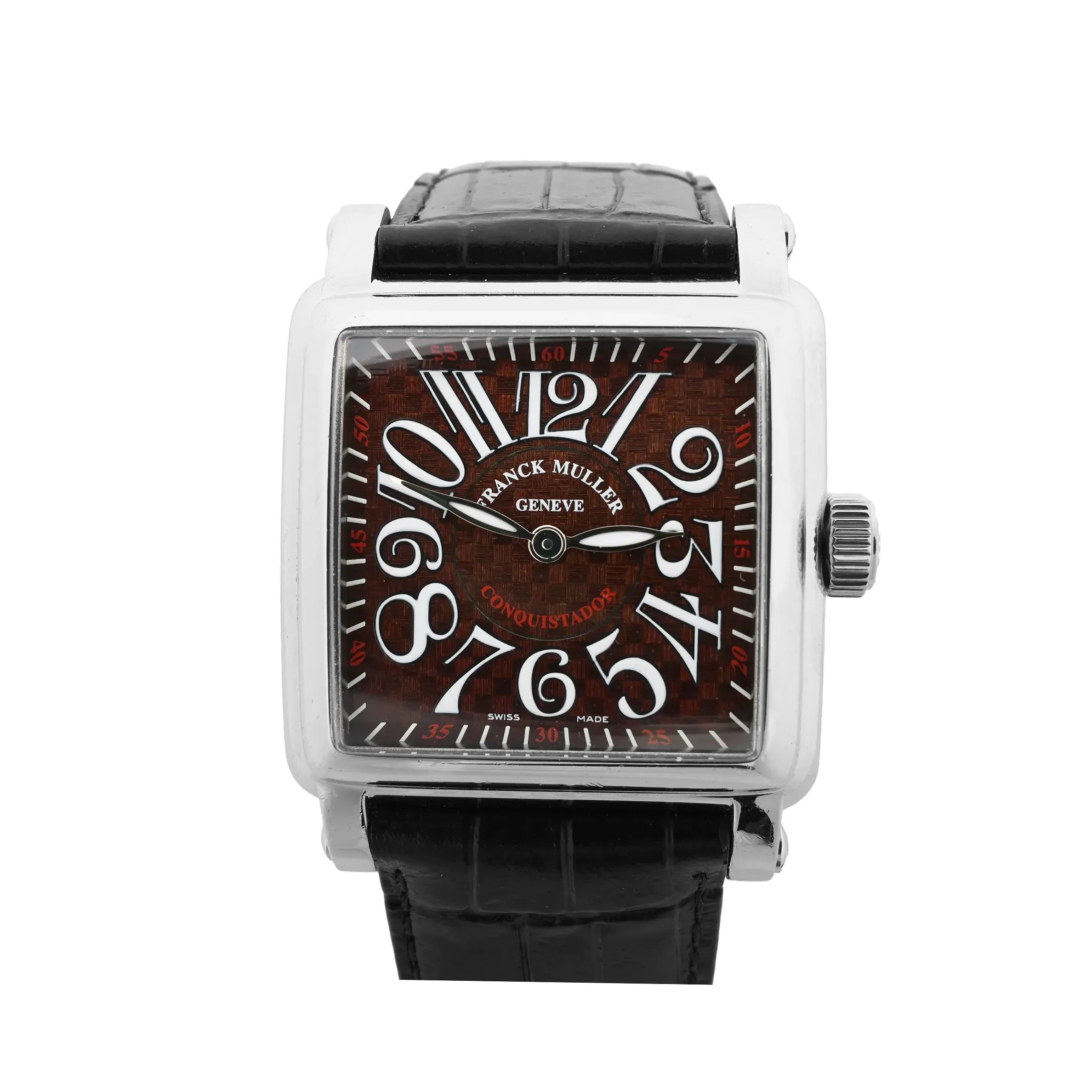 Franck Muller Conquistador watch with square stainless steel case, brown patterned dial, oversized white Arabic numerals, and black leather strap.