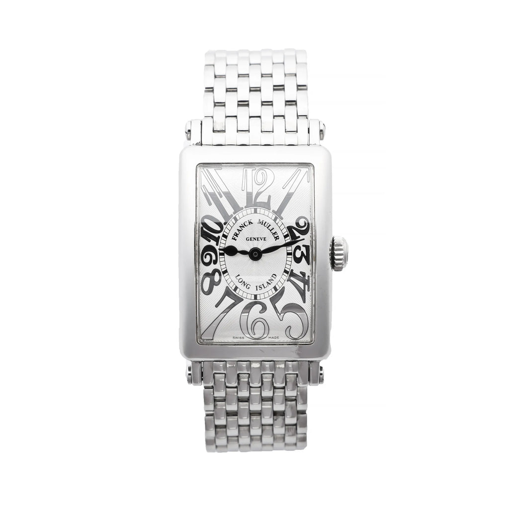Franck Muller Long Island 902QZ stainless steel wristwatch with rectangular silver guilloché dial, bold black Art Deco numerals, and polished link bracelet, displayed against a white background.