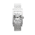 Franck Muller Long Island 902QZ stainless steel wristwatch with rectangular silver guilloché dial, bold black Art Deco numerals, and polished link bracelet, displayed against a white background.