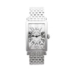 Franck Muller Long Island 902QZ stainless steel wristwatch with rectangular silver guilloché dial, bold black Art Deco numerals, and polished link bracelet, displayed against a white background.