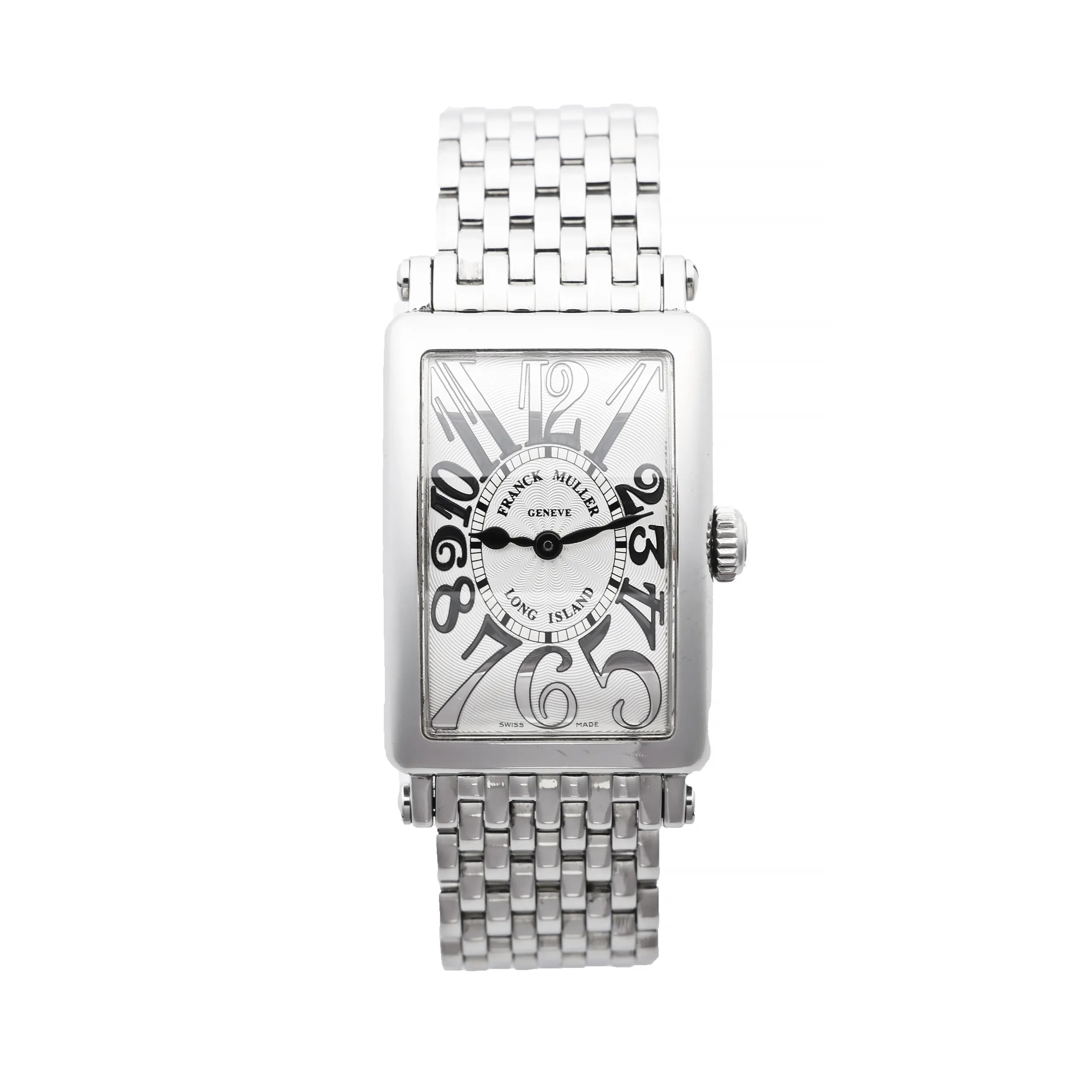 Franck Muller Long Island 902QZ stainless steel wristwatch with rectangular silver guilloché dial, bold black Art Deco numerals, and polished link bracelet, displayed against a white background.