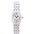 Franck Muller Tonneau Curvex watch with silver-tone multicolour numeral dial, tonneau case and stainless steel bracelet.
