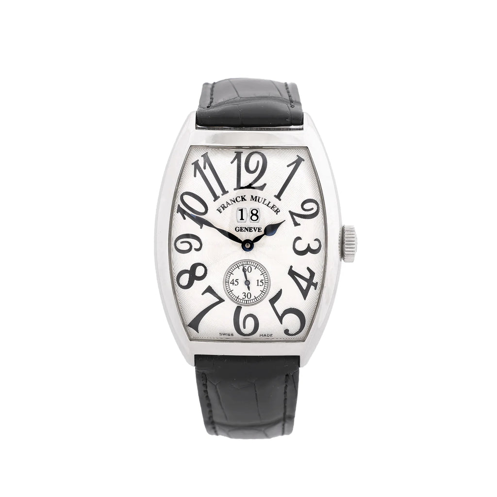 Franck Muller Tonneau Curvex watch with white dial, oversized black Arabic numerals, small seconds subdial, date window at 12, and black leather strap