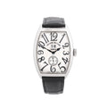 Franck Muller Tonneau Curvex watch with white dial, oversized black Arabic numerals, small seconds subdial, date window at 12, and black leather strap