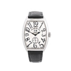 Franck Muller Tonneau Curvex watch with white dial, oversized black Arabic numerals, small seconds subdial, date window at 12, and black leather strap
