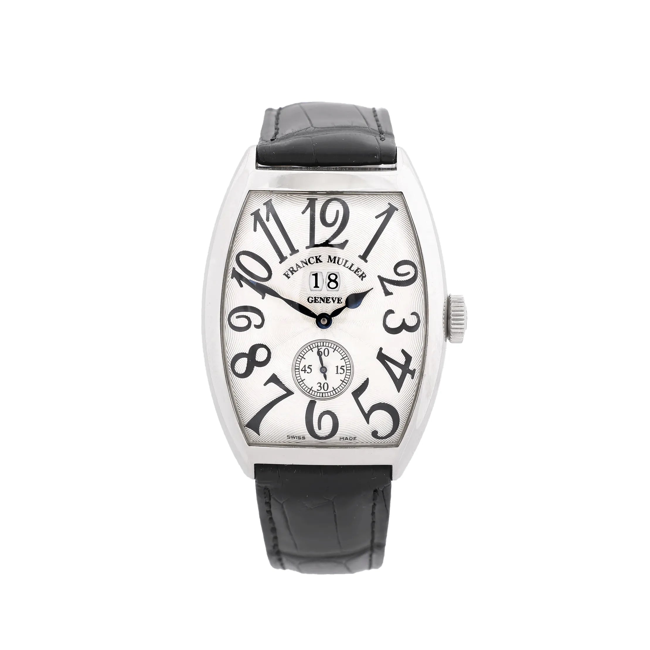 Franck Muller Tonneau Curvex watch with white dial, oversized black Arabic numerals, small seconds subdial, date window at 12, and black leather strap