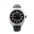 Franck Muller Transamerica watch with black dial, oversized white numerals outlined in red, silver-tone case, date window and black leather strap.